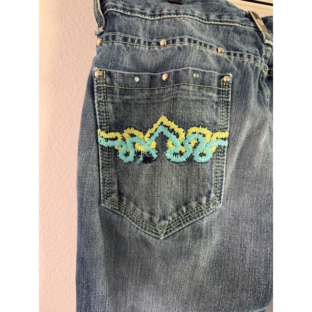Crown Holder Straight Jeans Men 34 Blue Denim Cotton Beaded Embroidered Mid Rise